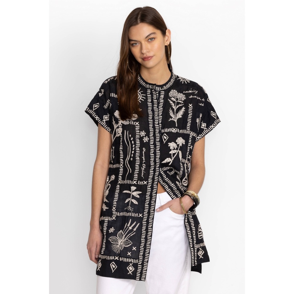 Johnny Was Workshop Botanique Dolman Swing Tunic Black Ramie Embroidered XS